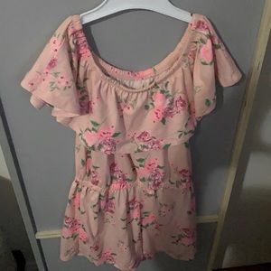 Girl pink and flower romper worn once